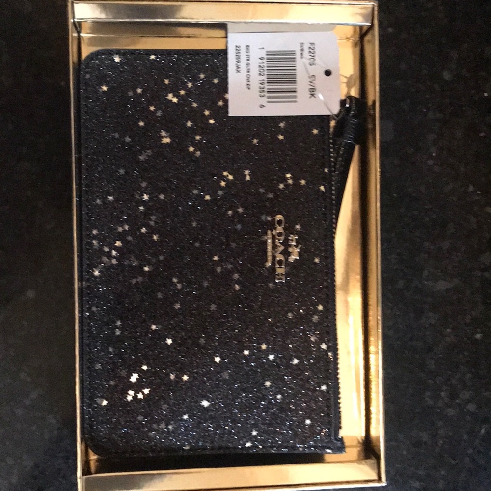 Coach boxed Star black glitter wristlet